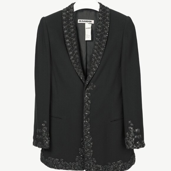 Jil Sander Vintage 90's Black Wool-Crepe Beaded Blazer - Picture 1 of 10